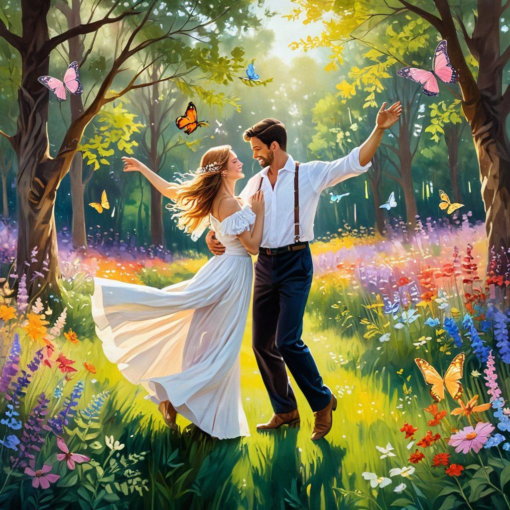 A whimsical scene featuring a couple playfully dancing in a field of vibrant wildflowers, radiating joy and affection. Surround them with soft, glowing butterflies and sparkling hearts to symbolize love. Incorporate warm sunlight filtering through the trees, adding a magical atmosphere. Capture the essence of playful romance and serene bliss. painting. vibrant colors. soft focus.