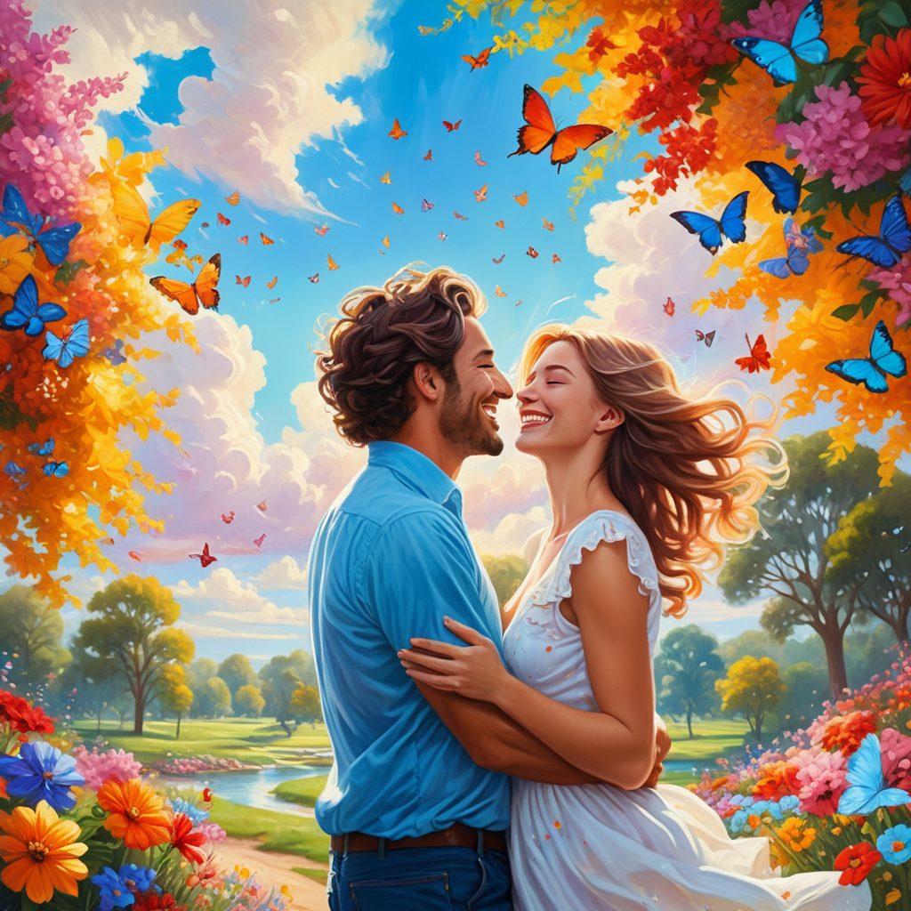 A whimsical scene depicting a couple joyous and playful in a sunlit park, surrounded by colorful flowers and butterflies, radiating warmth and affection. The couple is laughing, with a gentle breeze playing with their hair, symbolizing the elation of romance. Include a heart-shaped cloud in the blue sky above to emphasize love and joy. vibrant colors. soft focus. painting.