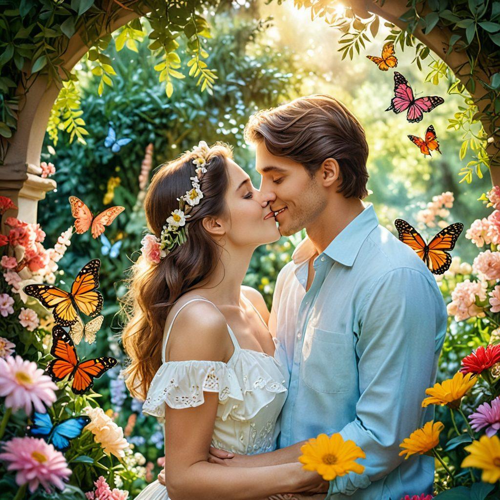 A warm and inviting scene depicting a couple sharing a tender kiss surrounded by vibrant flowers and soft sunlight filtering through the trees. In the background, playful children are hugging and laughing, embodying the joy of loving connections. Soft pastel colors enhance the romantic atmosphere while whimsy elements like butterflies flutter around, symbolizing cheerfulness and love. super-realistic. vibrant colors. soft focus.